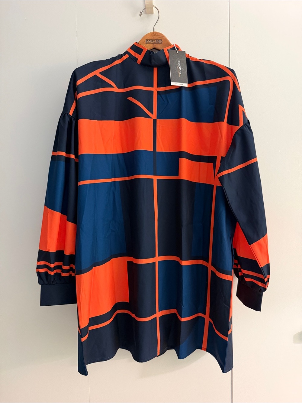 Women's Long Sleeve Geometric Tunic Dress in Navy & Orange with pockets